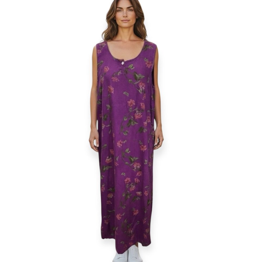 Country Wear Casual Dress L Purple Floral Sleeveless Linen Blend Maxi Vintage